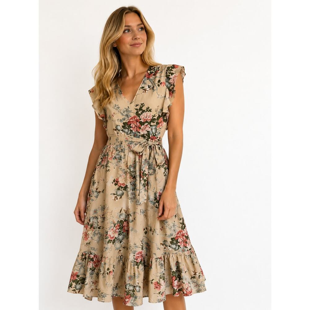Womens XL Floral Midi Dress Flutter Sleeve Tie Waist Cottagecore